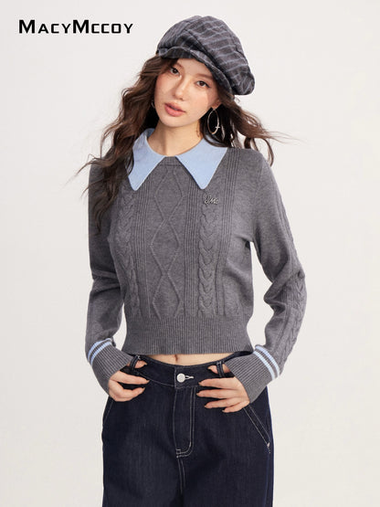 MacyMccoy MMC2025229 Polo collar contrasting twisted sweater