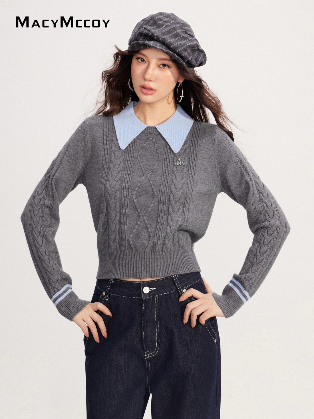 MacyMccoy MMC2025229 Polo collar contrasting twisted sweater