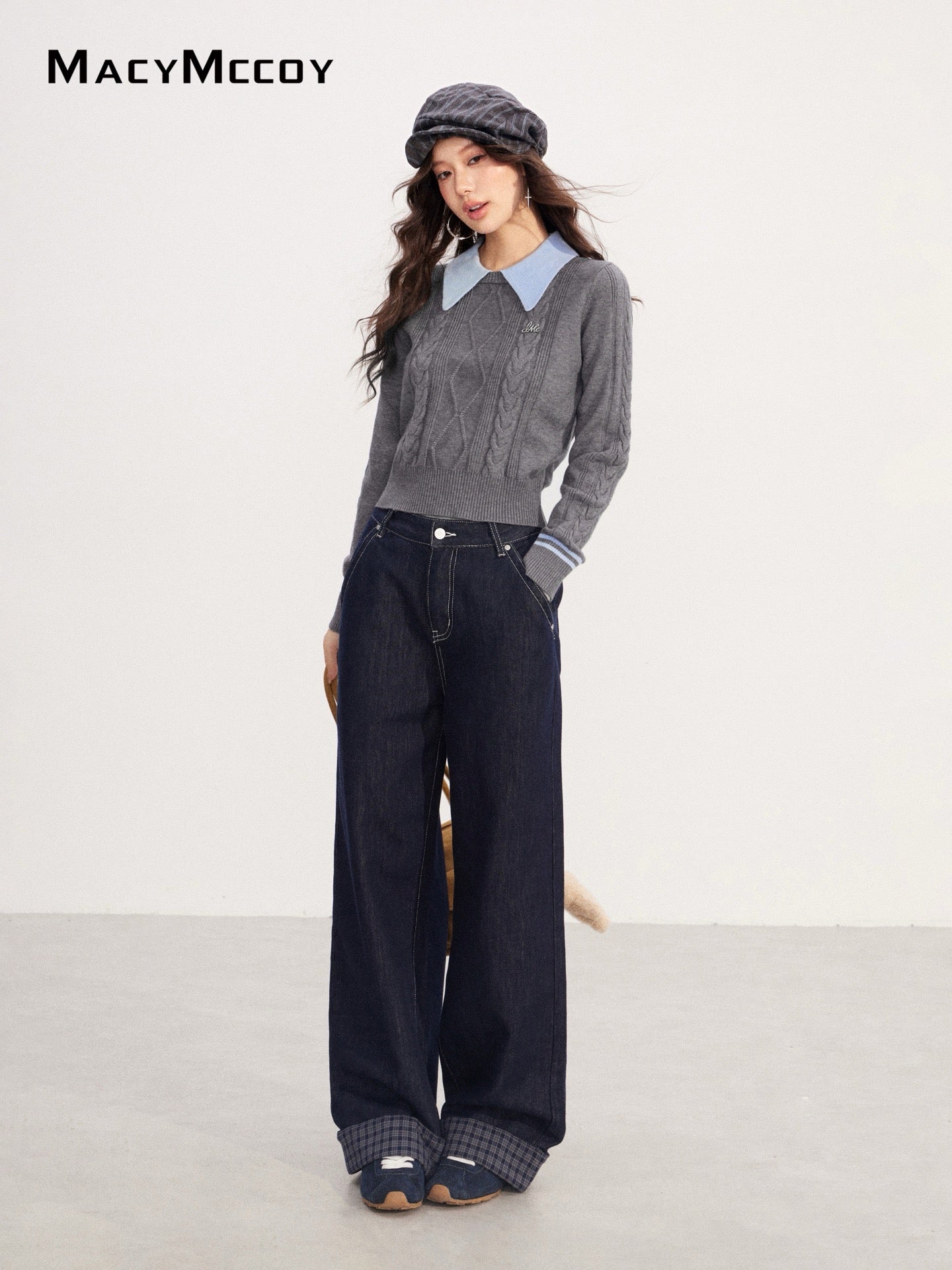 MacyMccoy MMC2025229 Polo collar contrasting twisted sweater