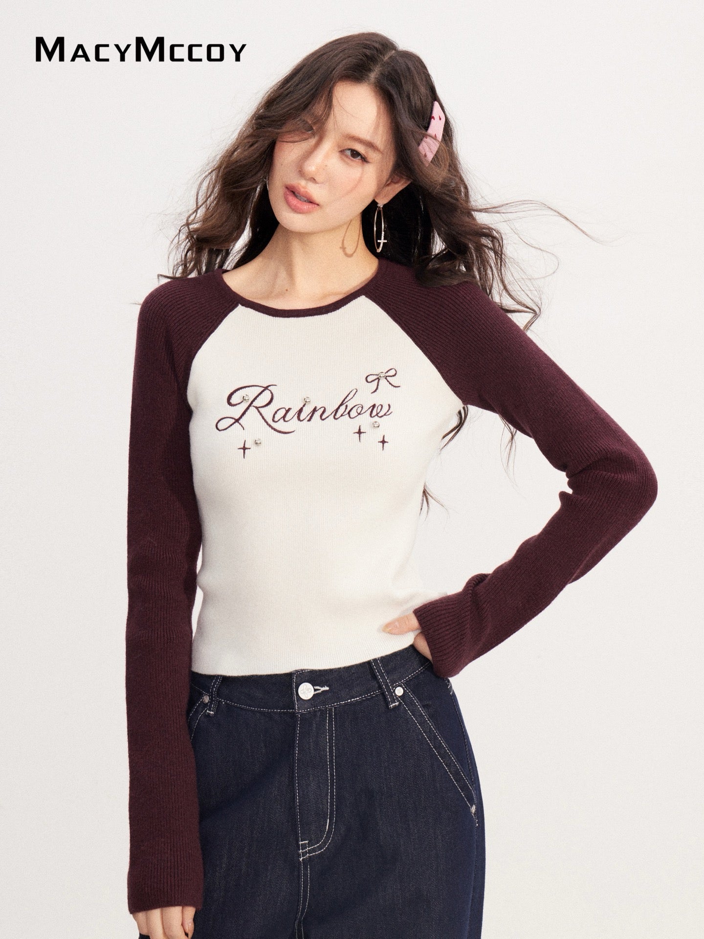 MacyMccoy MMC2025230 Contrast embroidered knitted top