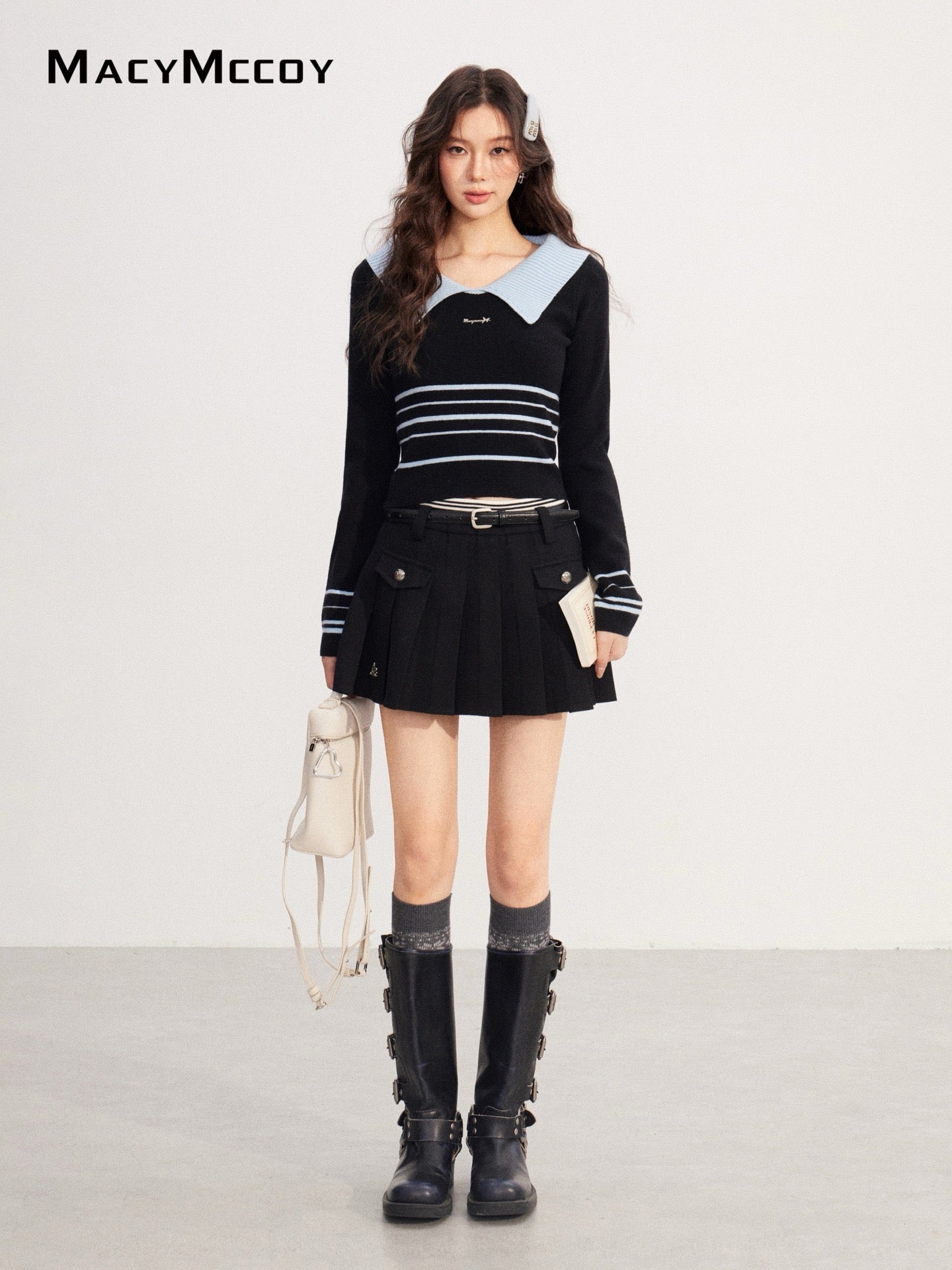 MacyMccoy MMC2025234 Color blocked lapel knit top