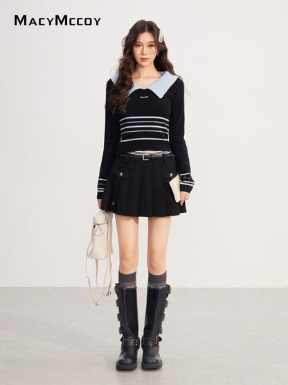 MacyMccoy MMC2025234 Color blocked lapel knit top