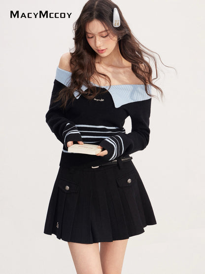 MacyMccoy MMC2025234 Color blocked lapel knit top