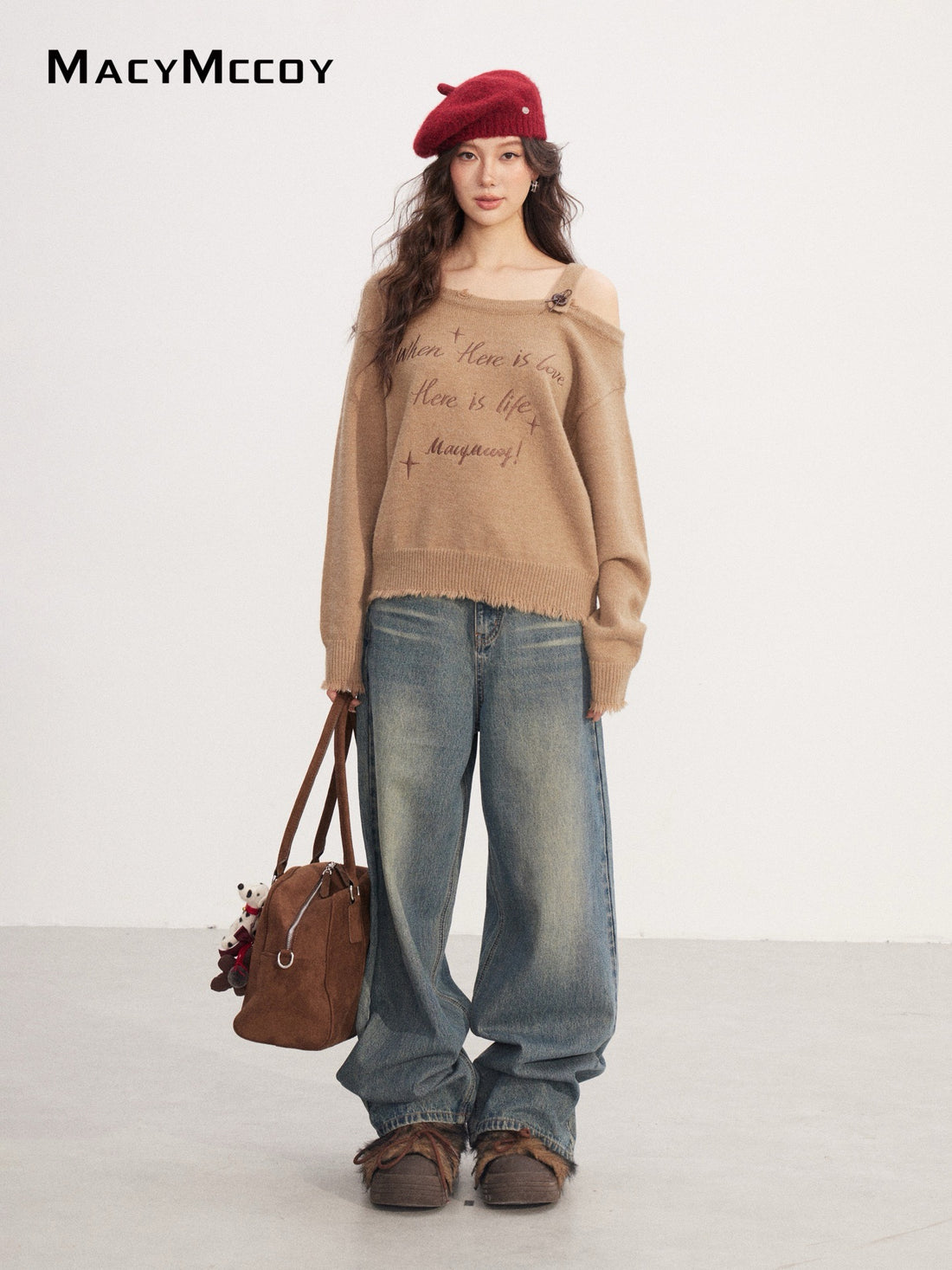 MacyMccoy MMC2025233 Off shoulder embroidery ripped sweater