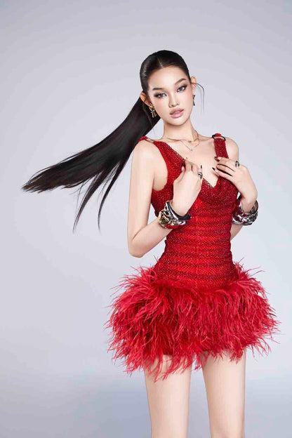 Bandage Dress Feather suspender swing collar dress