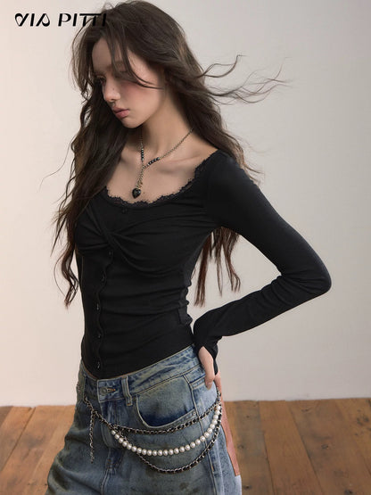 VIA PITTI VIACTP513 Lace single breasted long sleeved top