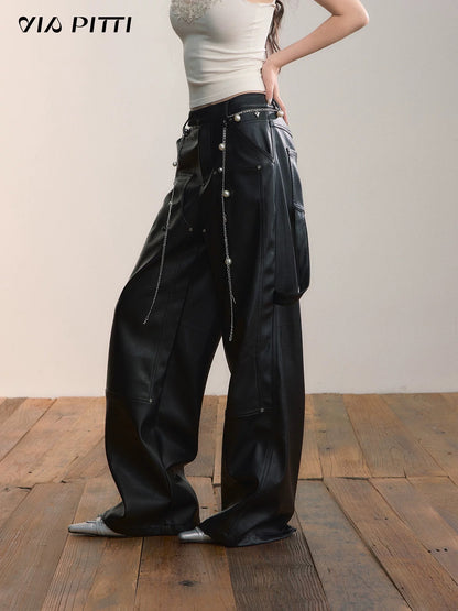 VIA PITTI VIADP581 PU leather pants with ribbon rivets