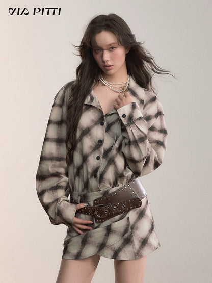 VIA PITTI VIADD573 Irregular plaid hem long sleeved shirt dress