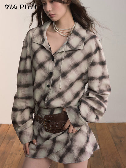 VIA PITTI VIADD573 Irregular plaid hem long sleeved shirt dress