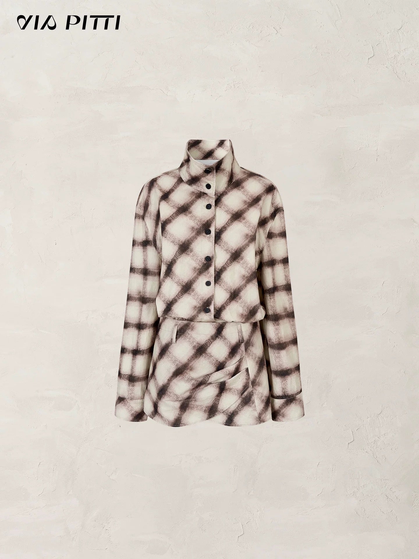 VIA PITTI VIADD573 Irregular plaid hem long sleeved shirt dress
