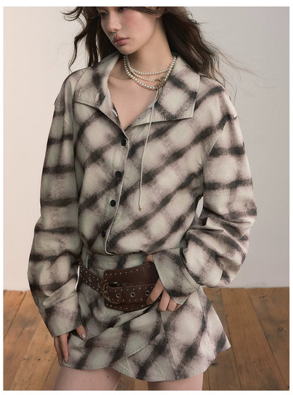 VIA PITTI VIADD573 Irregular plaid hem long sleeved shirt dress