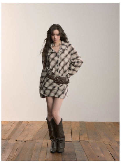VIA PITTI VIADD573 Irregular plaid hem long sleeved shirt dress