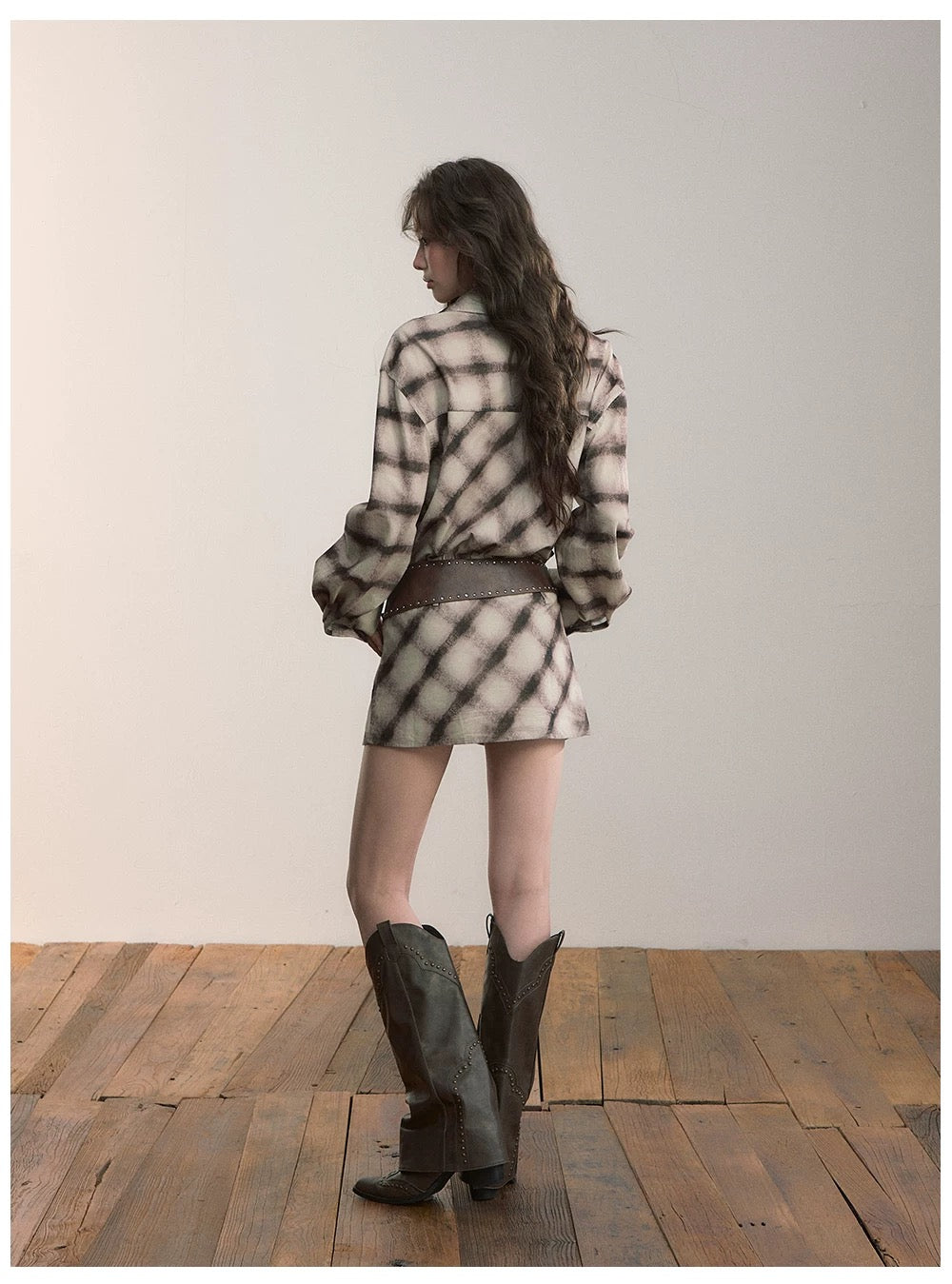 VIA PITTI VIADD573 Irregular plaid hem long sleeved shirt dress
