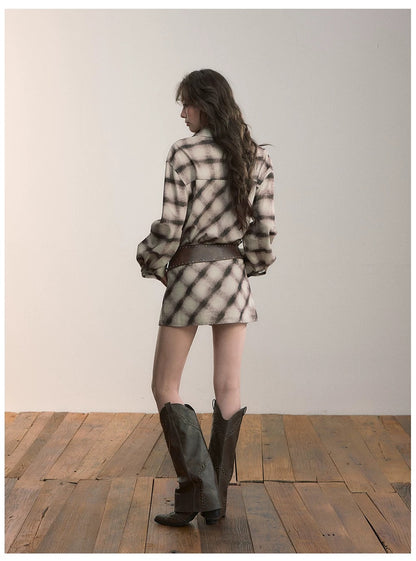VIA PITTI VIADD573 Irregular plaid hem long sleeved shirt dress