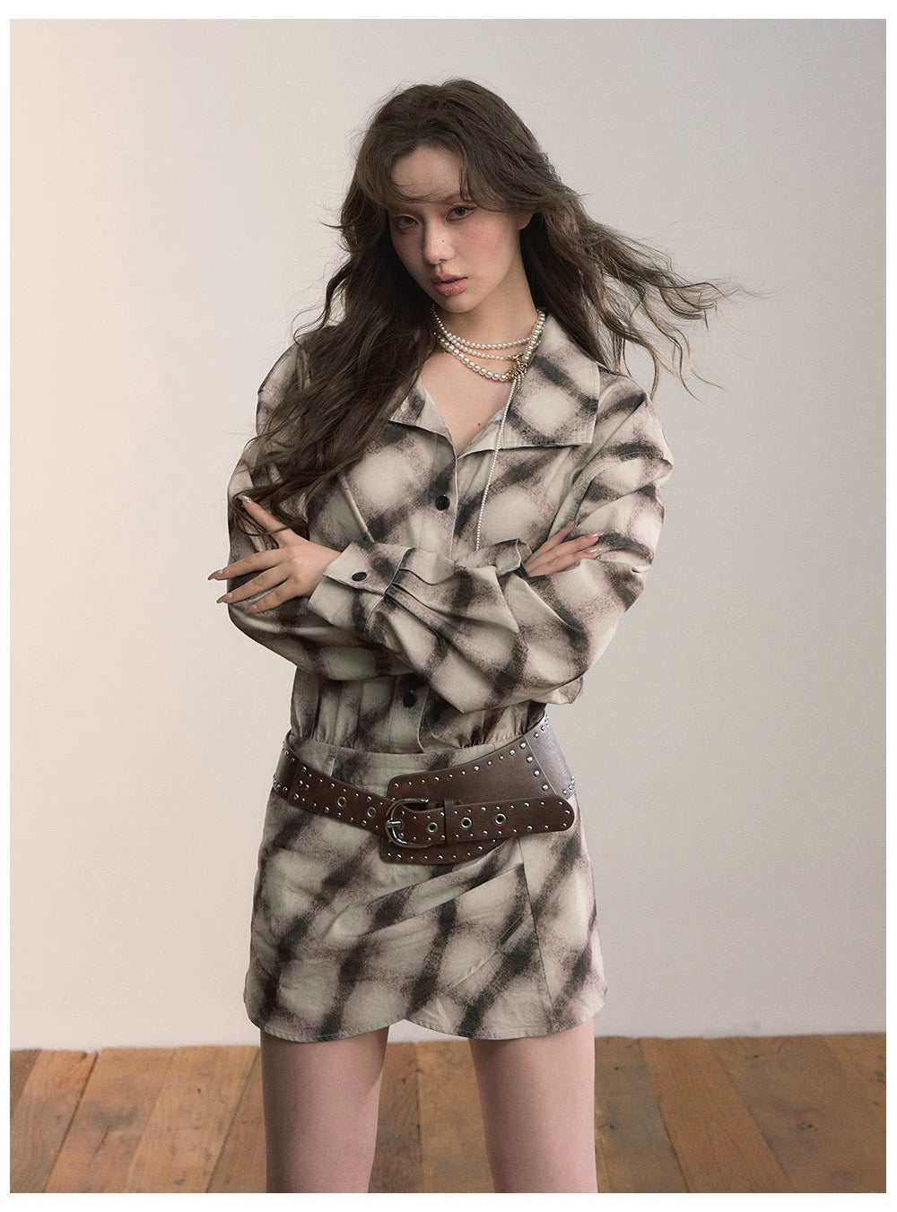 VIA PITTI VIADD573 Irregular plaid hem long sleeved shirt dress