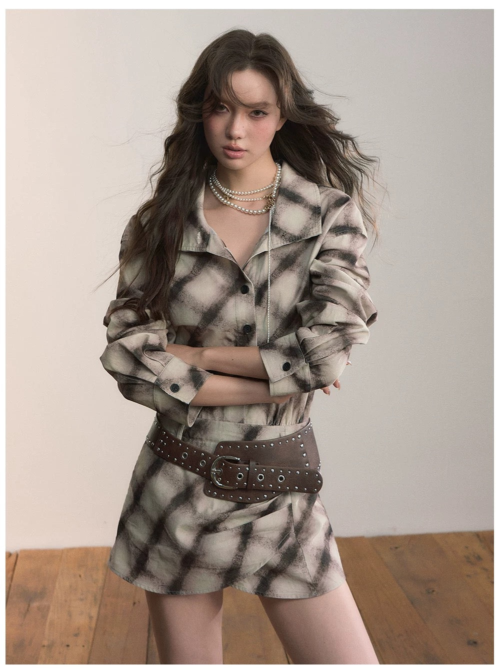 VIA PITTI VIADD573 Irregular plaid hem long sleeved shirt dress