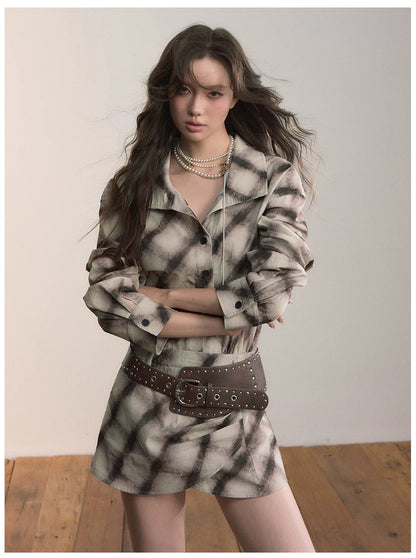 VIA PITTI VIADD573 Irregular plaid hem long sleeved shirt dress