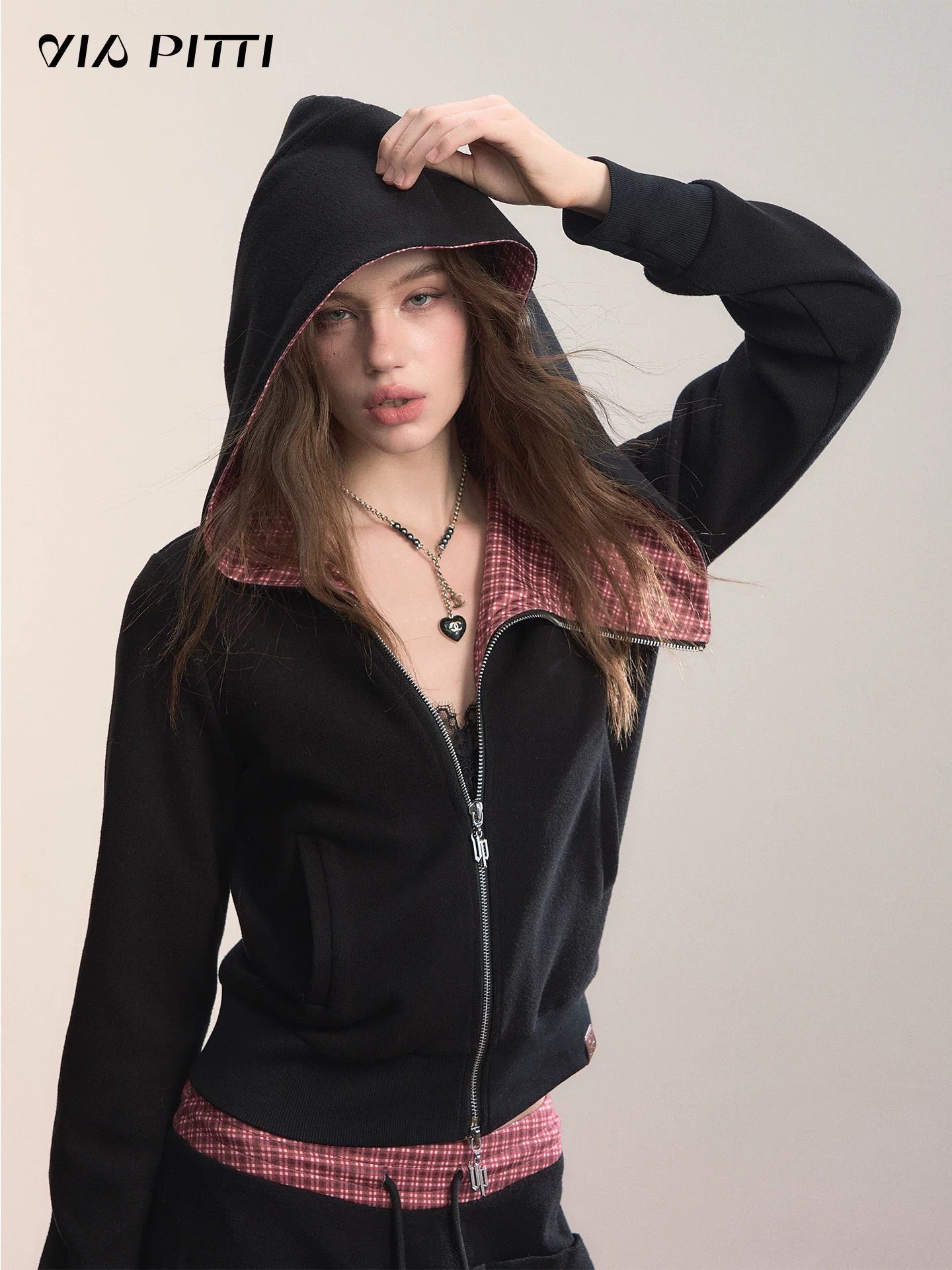 VIA PITTI VIADC640 Design inspired collared street style hooded sweatshirt