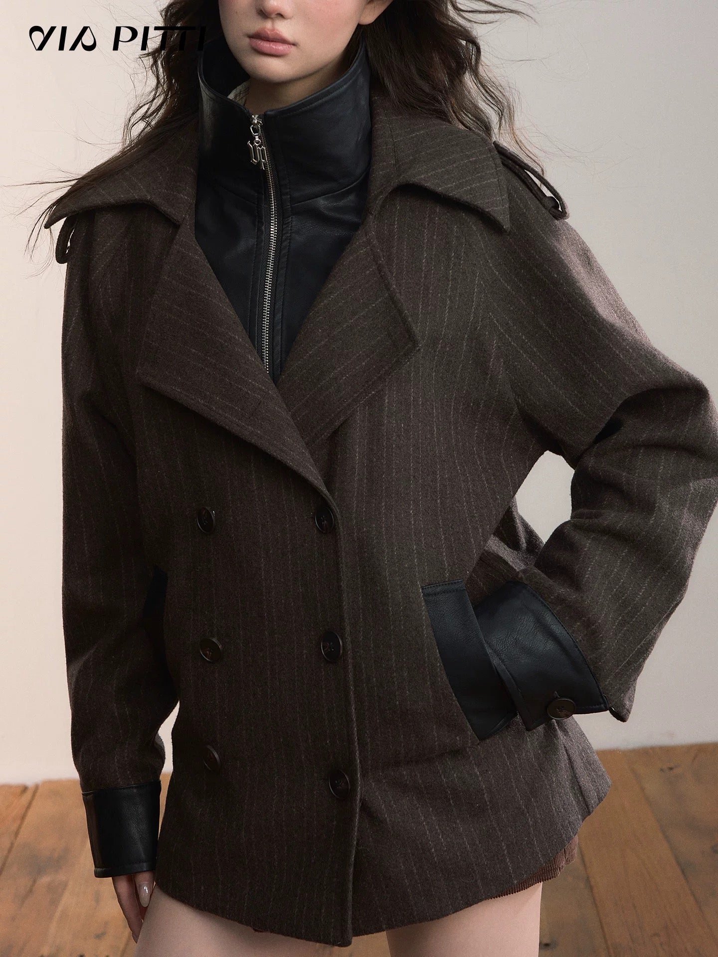 VIA PITTI VIADC608 Heavy industry fake two-piece spliced contrasting color jacket