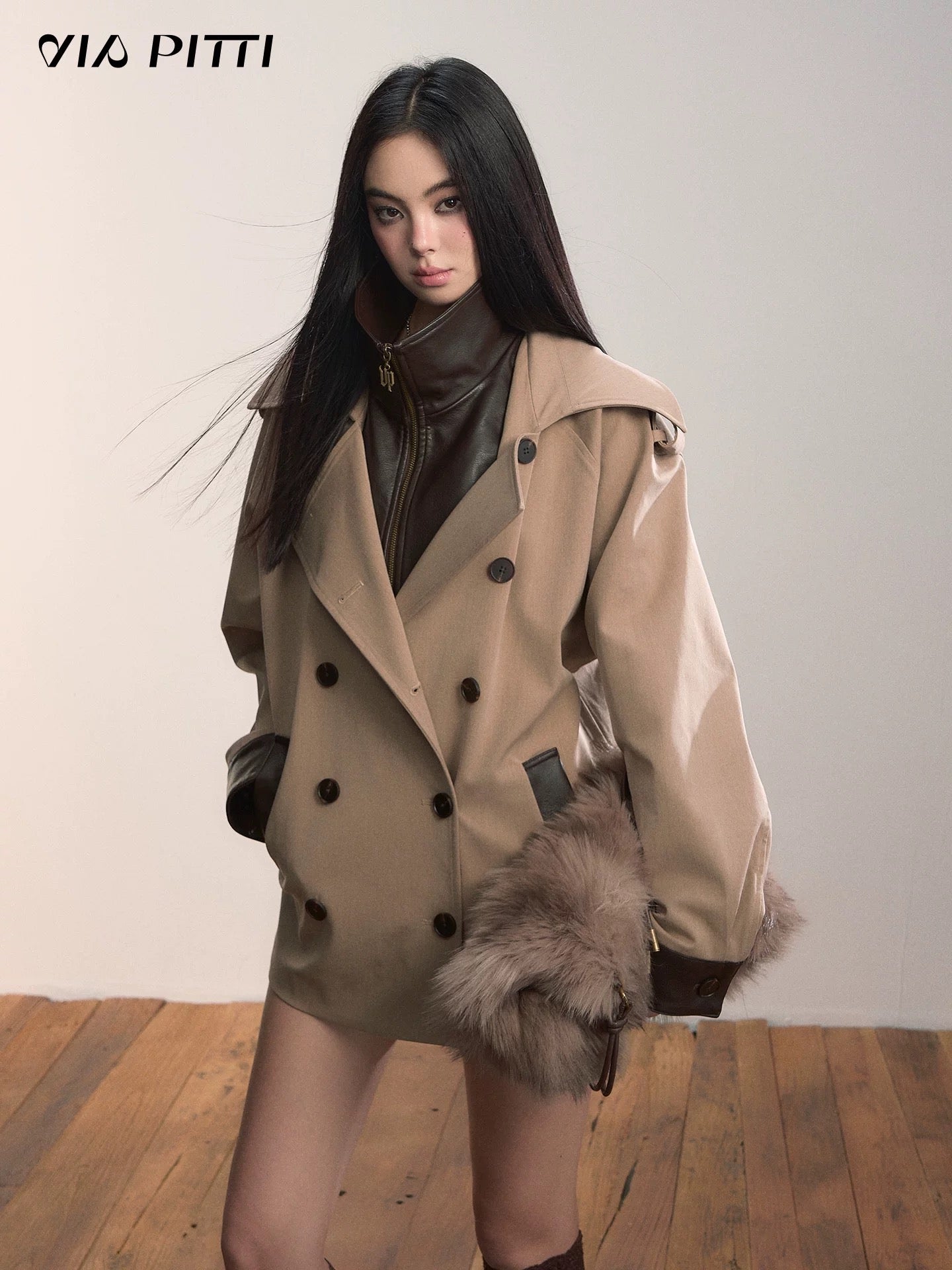 VIA PITTI VIADC608 Heavy industry fake two-piece spliced contrasting color jacket