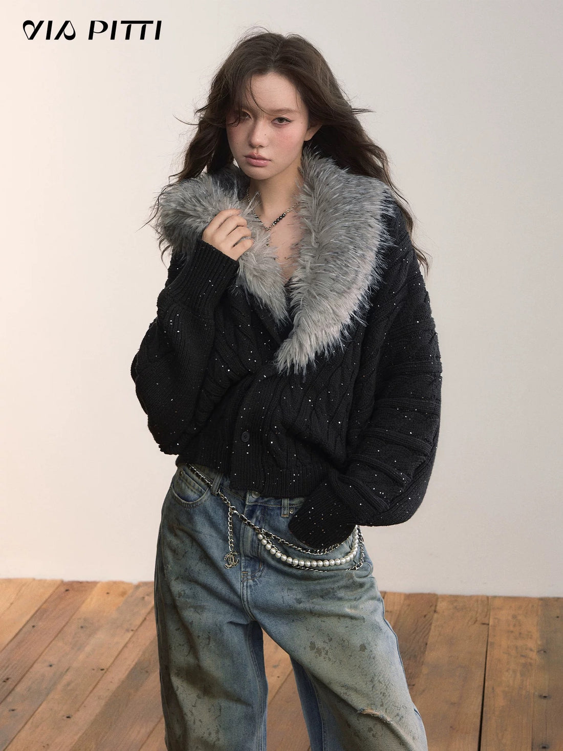 VIA PITTI VIADK615 Detachable fur collar thickened knitted jacket