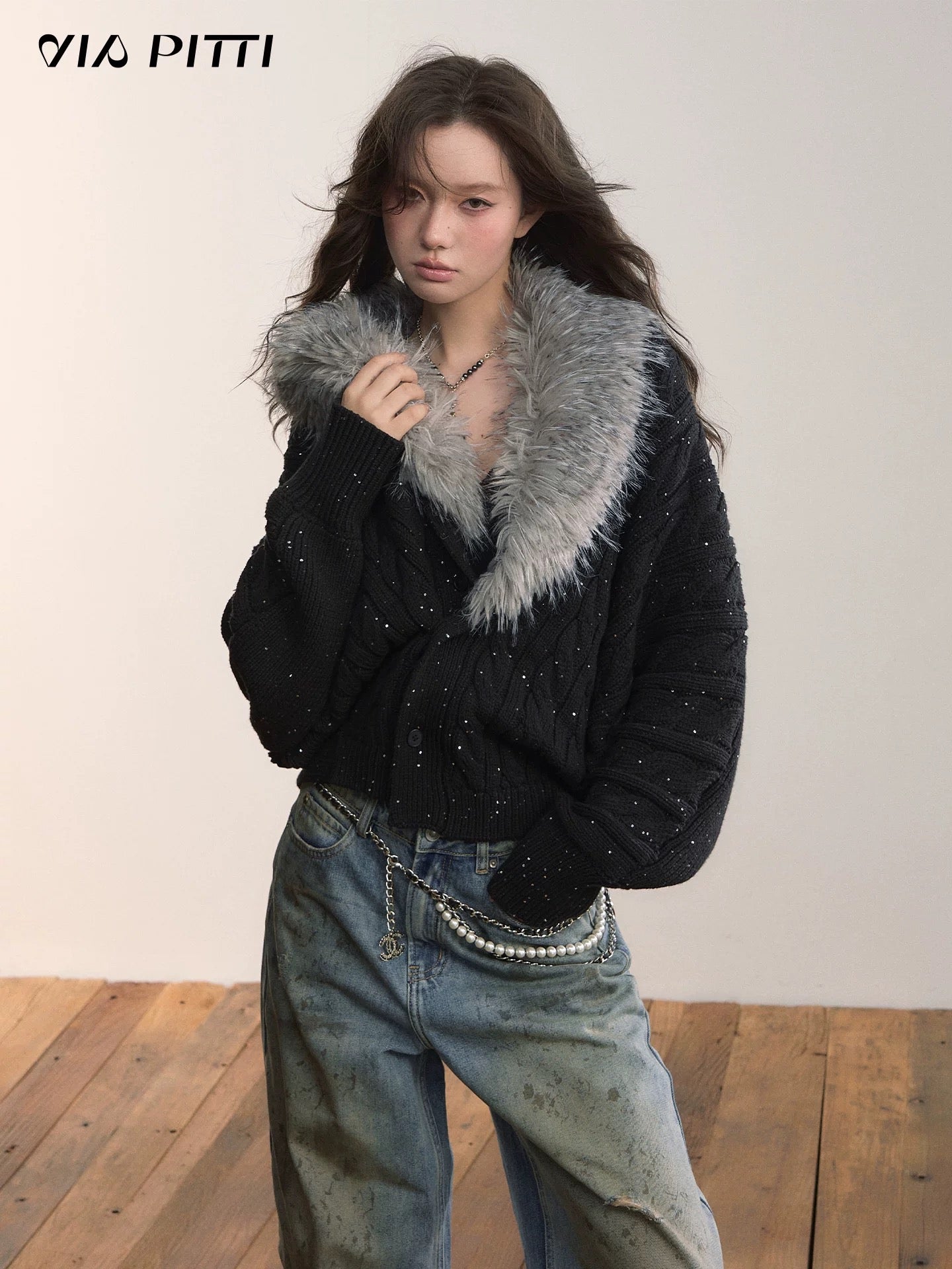 VIA PITTI VIADK615 Detachable fur collar thickened knitted jacket