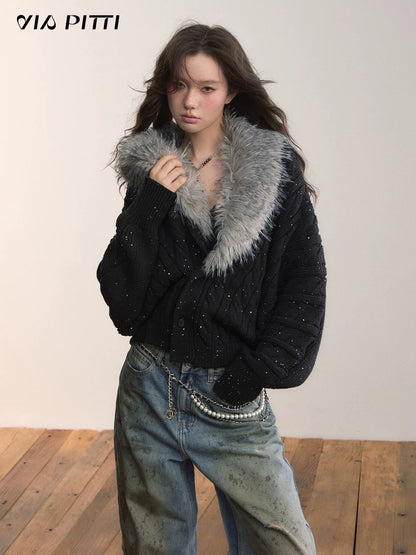 VIA PITTI VIADK615 Detachable fur collar thickened knitted jacket