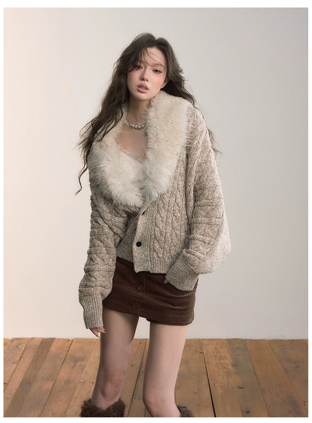 VIA PITTI VIADK615 Detachable fur collar thickened knitted jacket