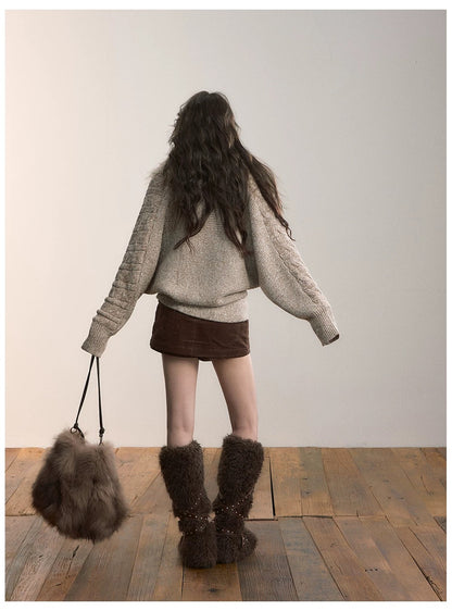VIA PITTI VIADK615 Detachable fur collar thickened knitted jacket