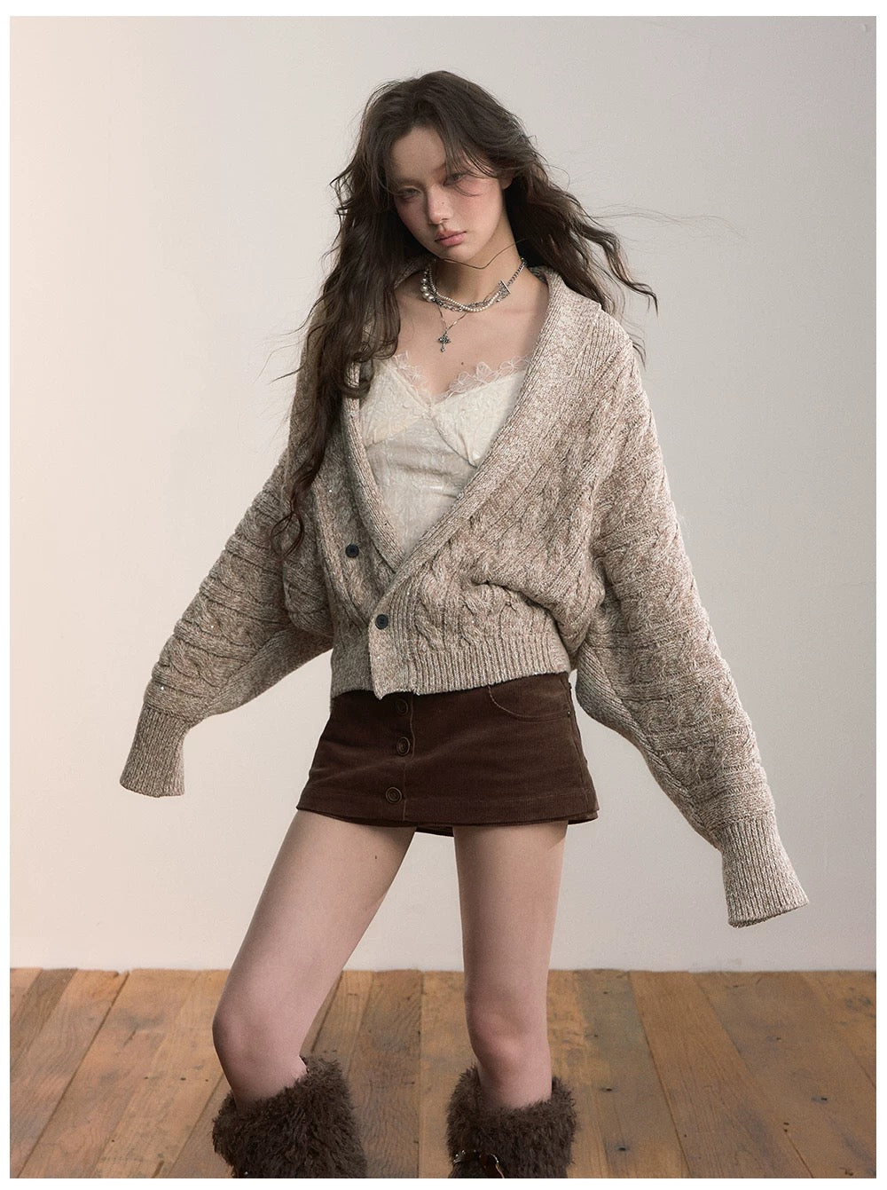 VIA PITTI VIADK615 Detachable fur collar thickened knitted jacket