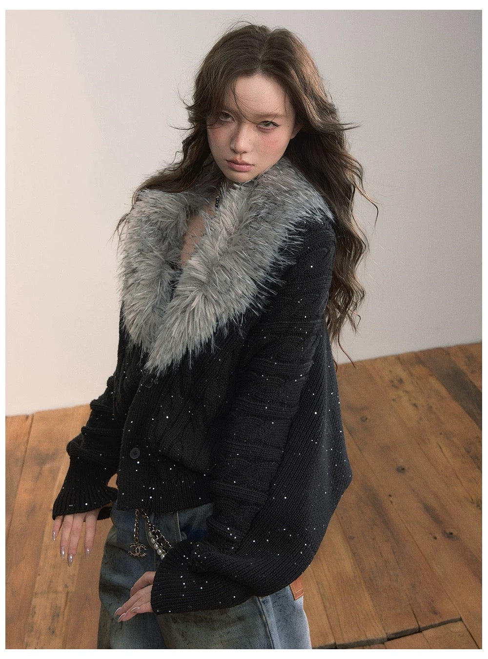 VIA PITTI VIADK615 Detachable fur collar thickened knitted jacket