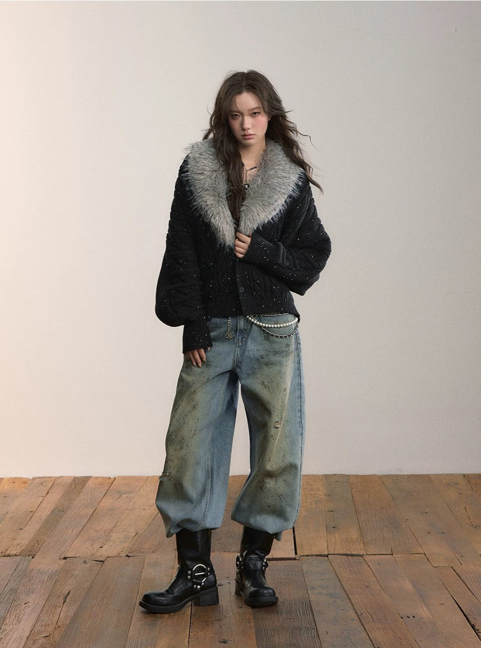 VIA PITTI VIADK615 Detachable fur collar thickened knitted jacket