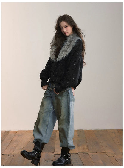 VIA PITTI VIADK615 Detachable fur collar thickened knitted jacket