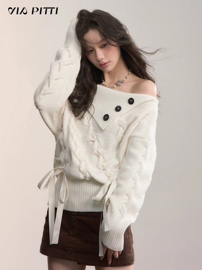 VIA PITTI VIADK658 Off shoulder twisted flower loose sweater