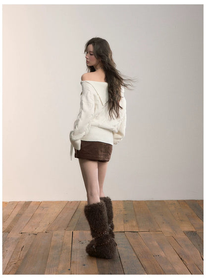 VIA PITTI VIADK658 Off shoulder twisted flower loose sweater