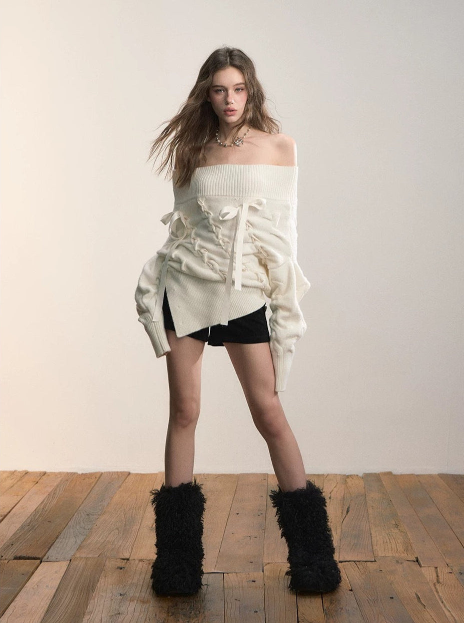 VIA PITTI VIADK658 Off shoulder twisted flower loose sweater