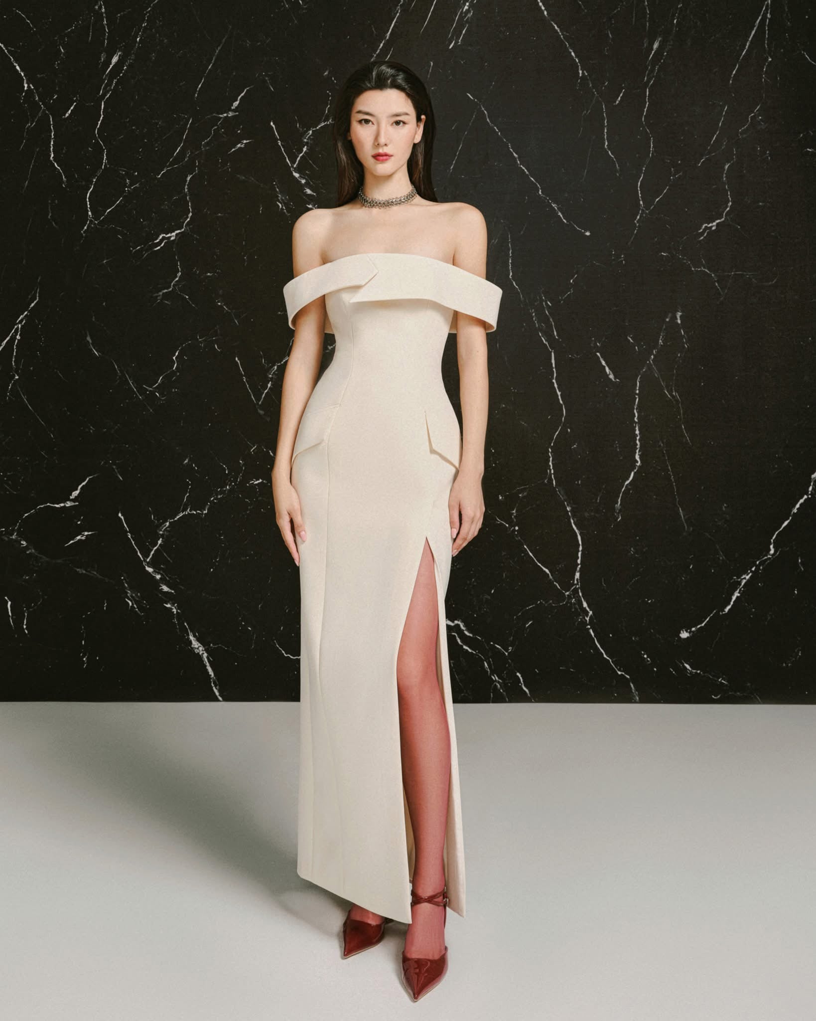 LANE JT KATE OFF-SHOULDER MIDI DRESS