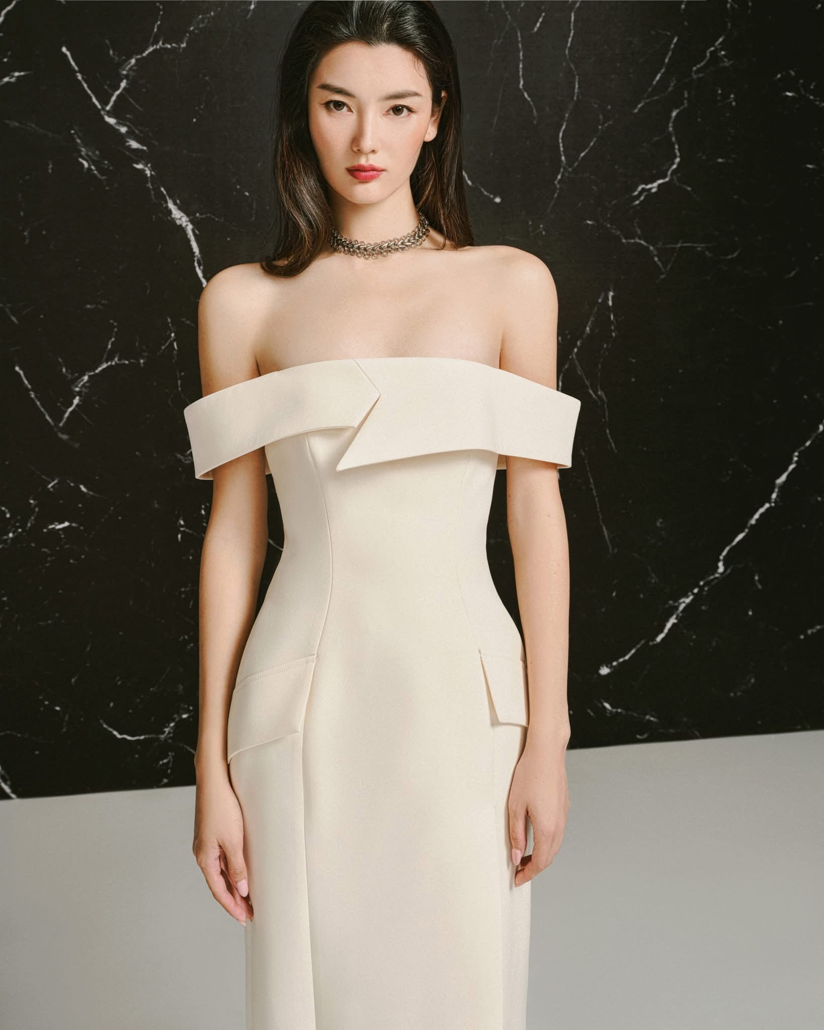 LANE JT KATE OFF-SHOULDER MIDI DRESS