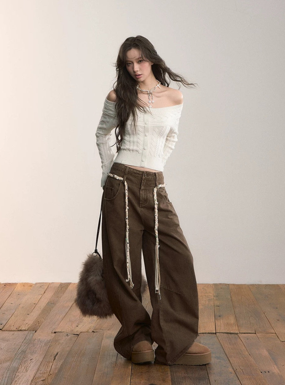 VIA PITTI VIADK618 Off shoulder round neck two in one short twisted flower sweater