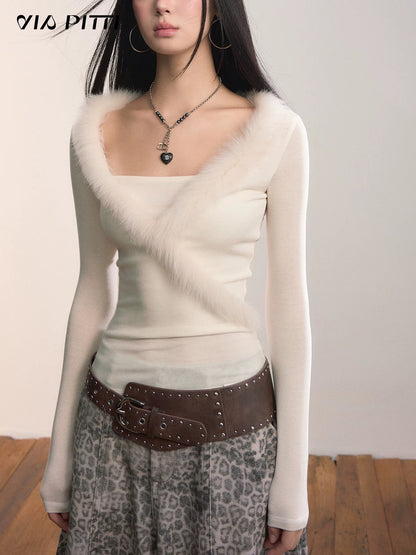 VIA PITTI VIADTP629 Two piece set of spliced plush knitted sweater and scarf