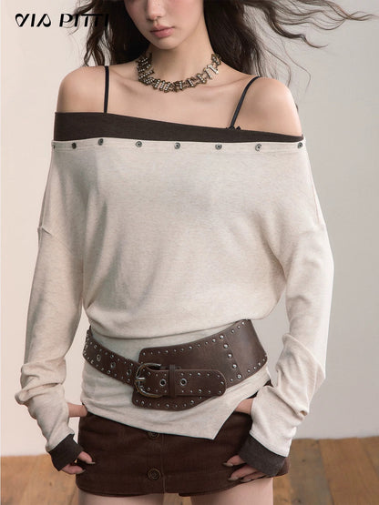 VIA PITTI VIADTP624 Off shoulder irregular suspender knitted sweater