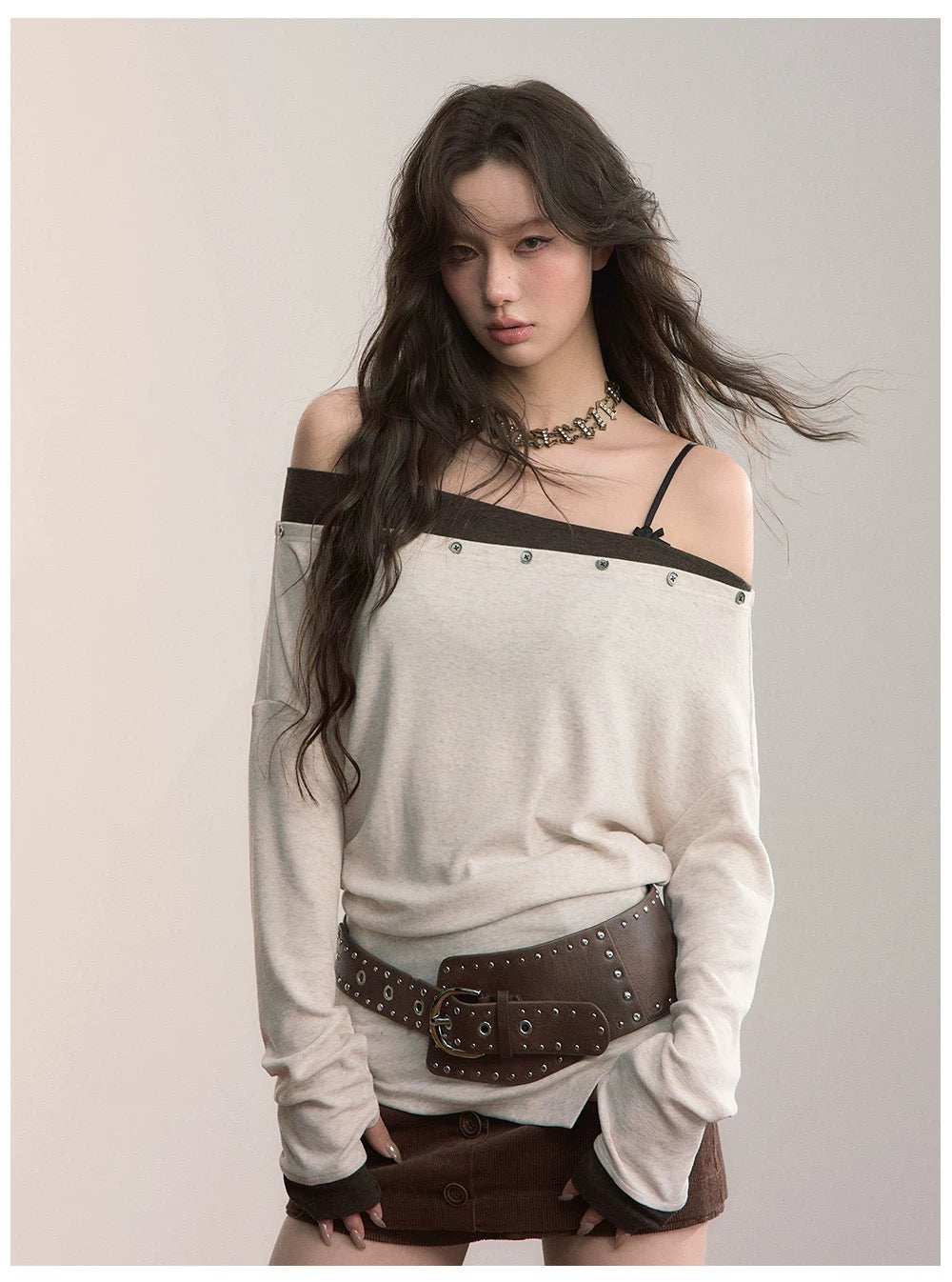 VIA PITTI VIADTP624 Off shoulder irregular suspender knitted sweater