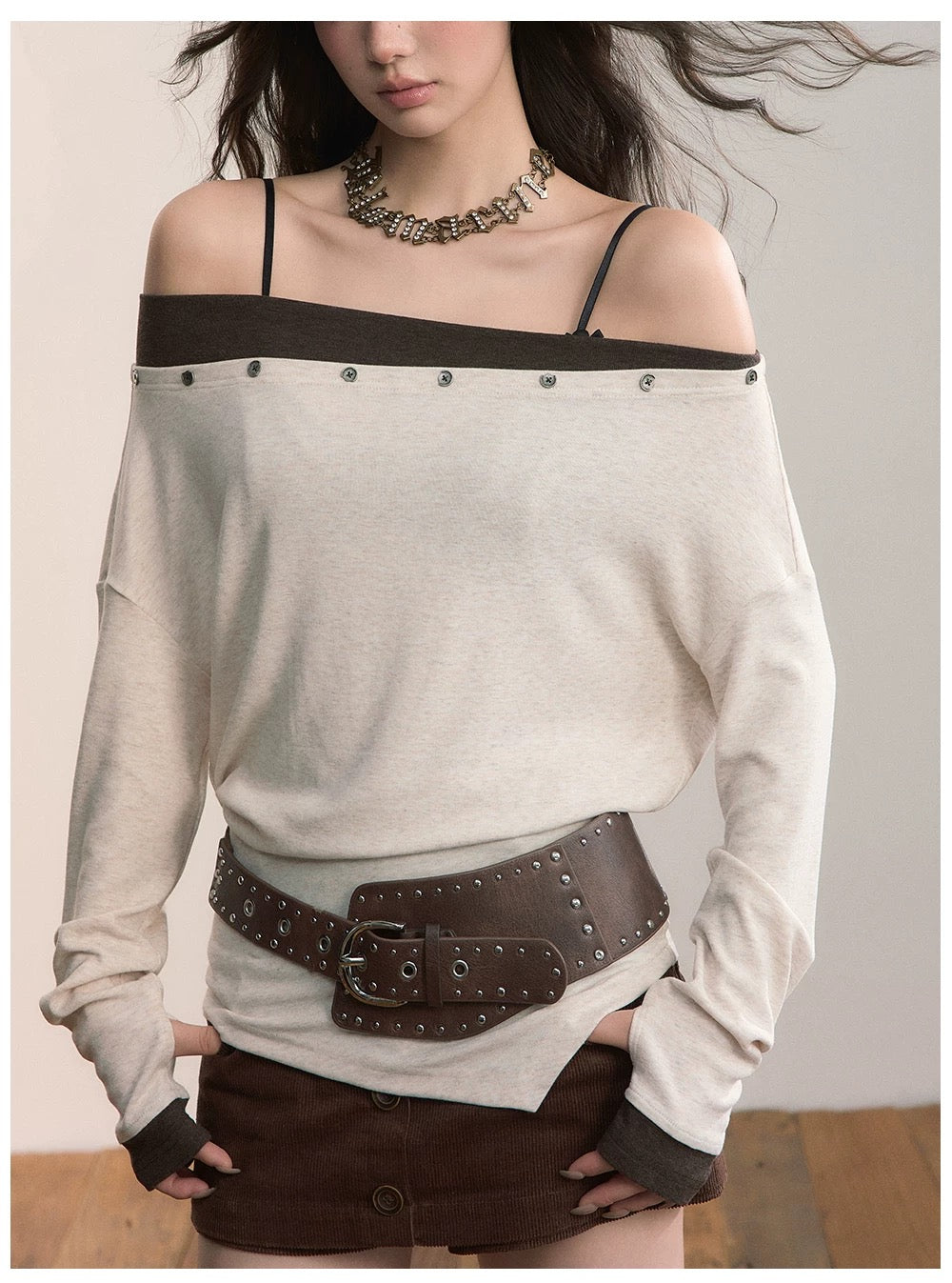 VIA PITTI VIADTP624 Off shoulder irregular suspender knitted sweater