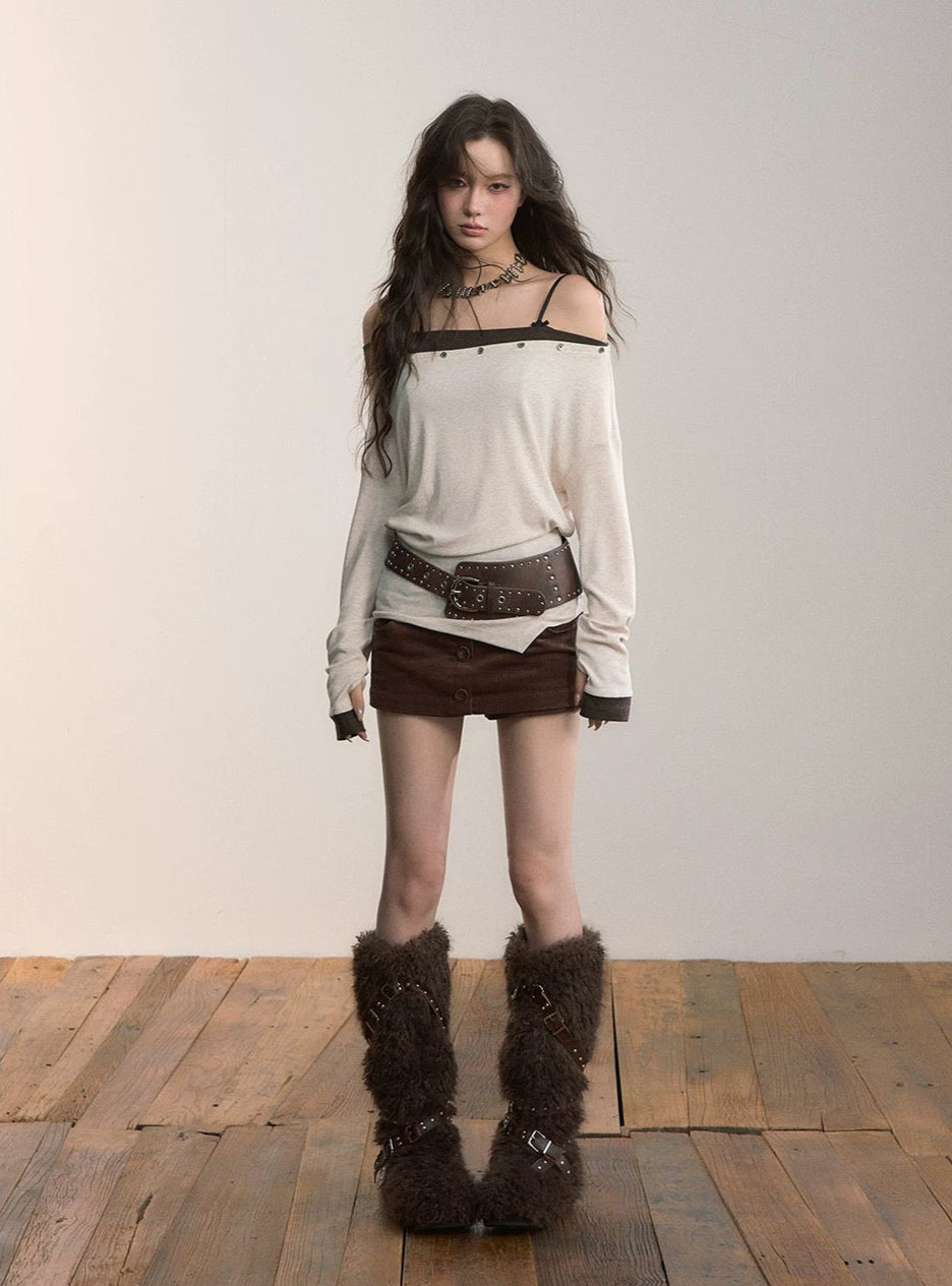 VIA PITTI VIADTP624 Off shoulder irregular suspender knitted sweater