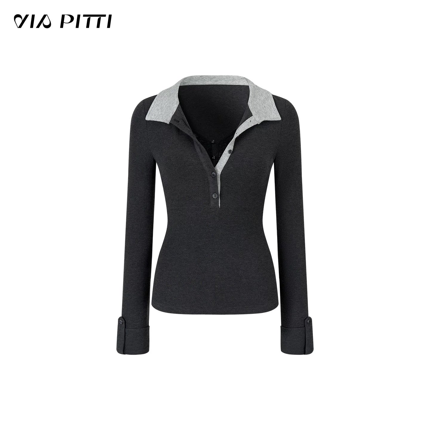 VIA PITTI VIADTP600 Color blocked lapel patchwork lace long sleeved T-shirt