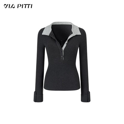 VIA PITTI VIADTP600 Color blocked lapel patchwork lace long sleeved T-shirt