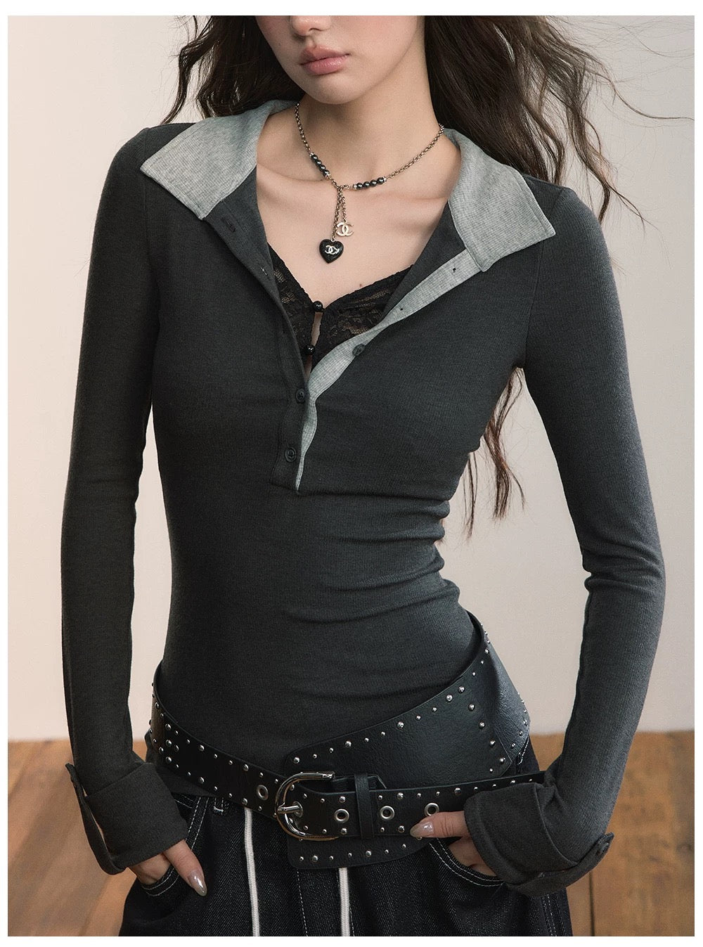 VIA PITTI VIADTP600 Color blocked lapel patchwork lace long sleeved T-shirt
