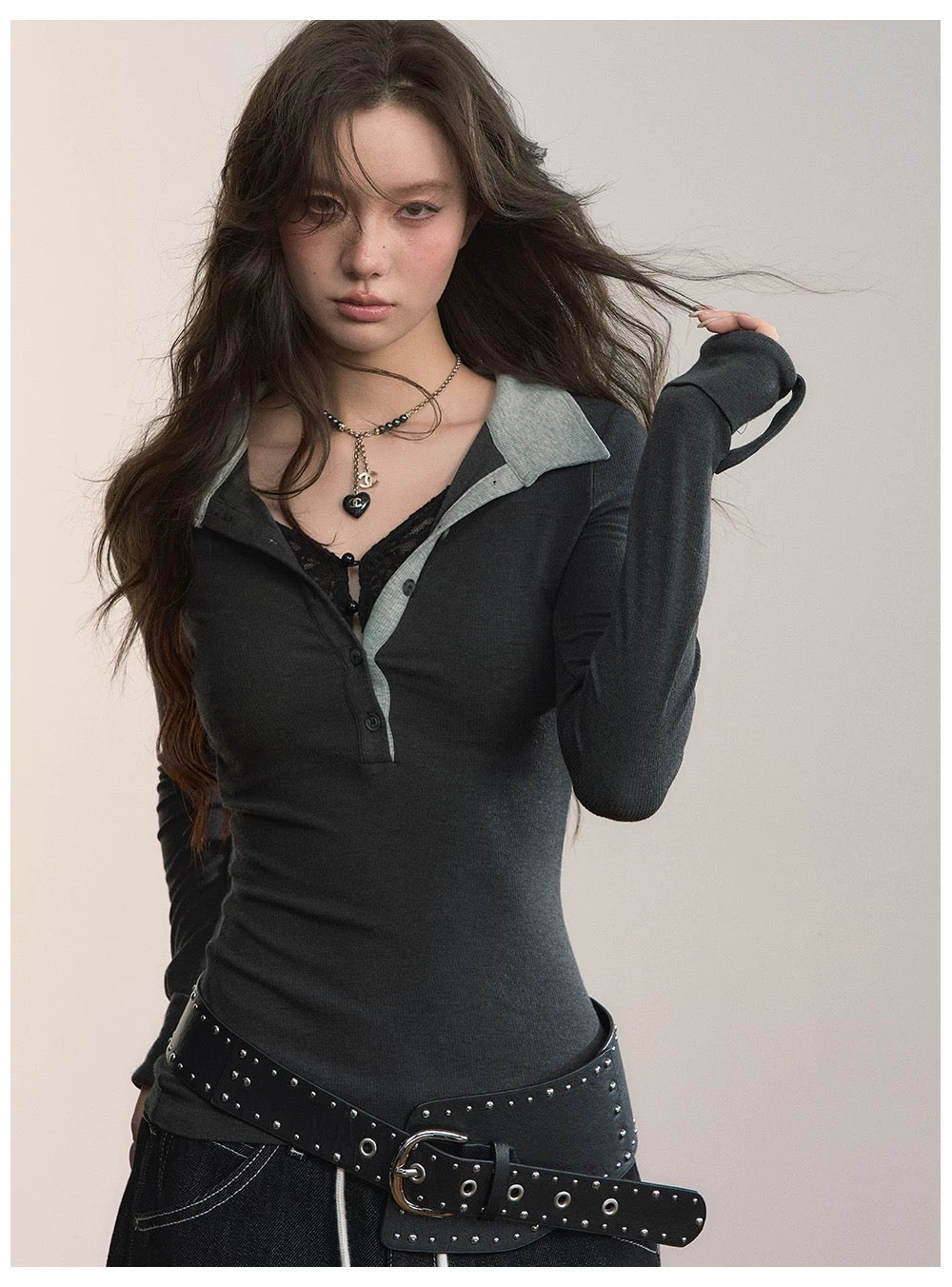 VIA PITTI VIADTP600 Color blocked lapel patchwork lace long sleeved T-shirt