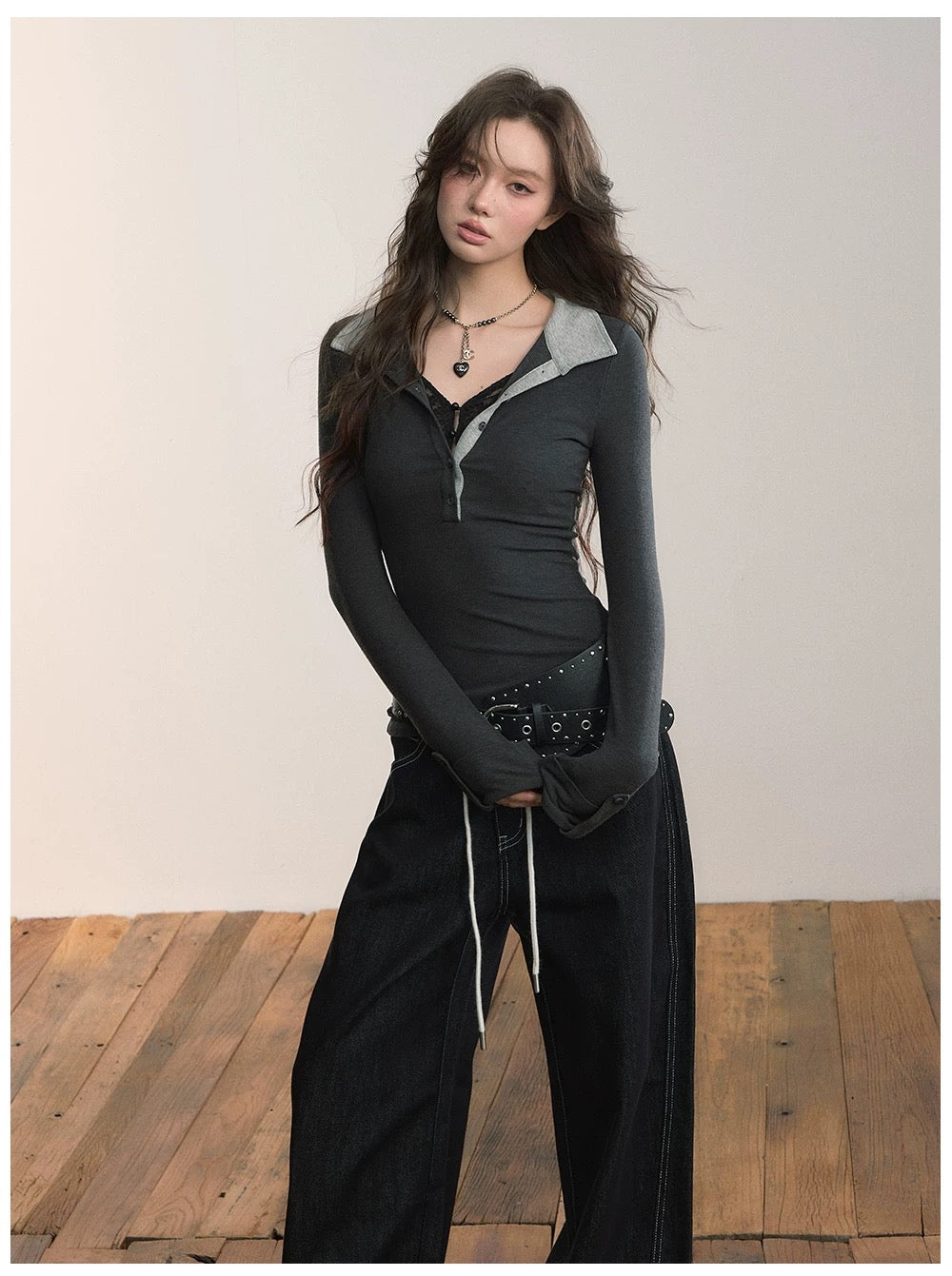 VIA PITTI VIADTP600 Color blocked lapel patchwork lace long sleeved T-shirt
