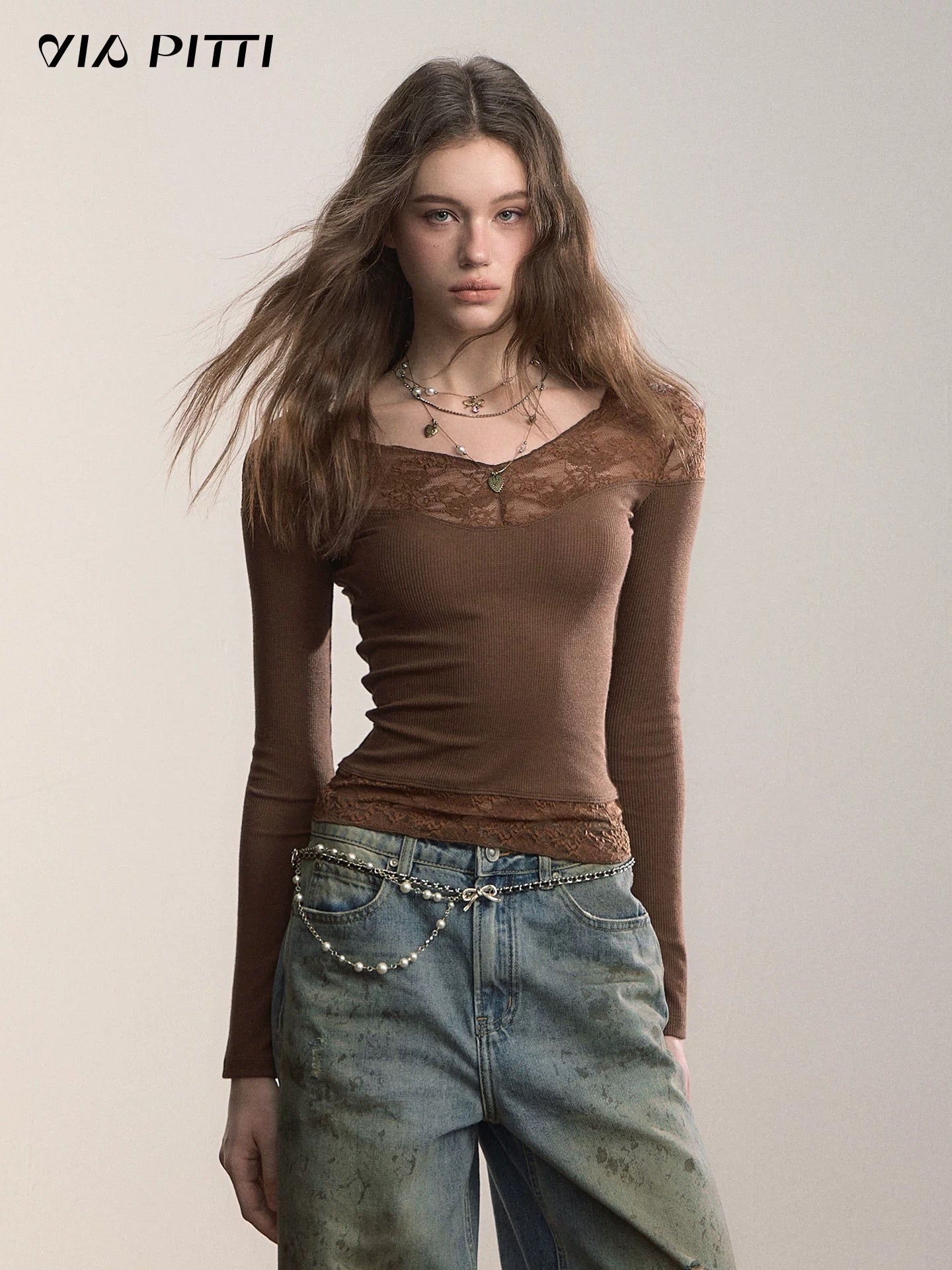 VIA PITTI VIADTP601 Splicing lace V-neck knit sweater
